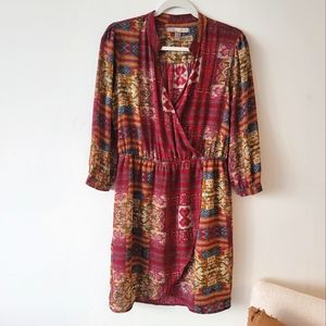 Boho Burgundy Patterned Mid-Sleeve Dress